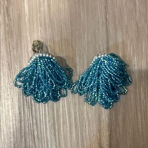 Blue Beaded Tassel Earrings clip on